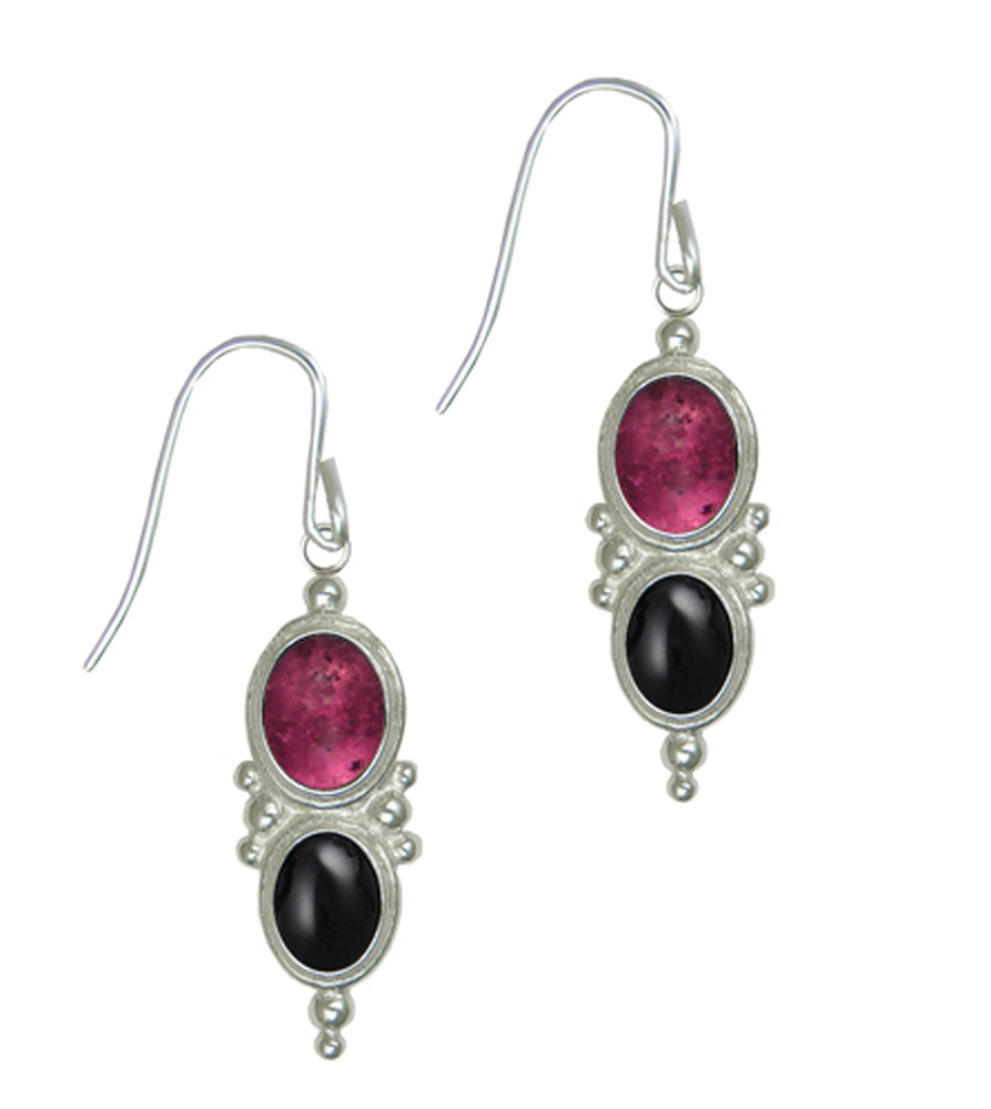 Sterling Silver Drop Dangle Earrings With Pink Tourmaline And Black Onyx